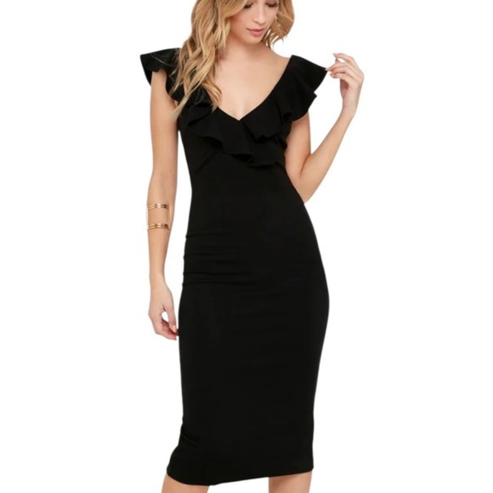NWOT Lulus Black Knit Ready to Ruffle Sexy Bodycon Midi Dress- Small